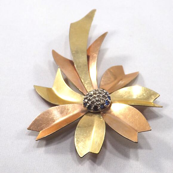 1940s Flower Brooch, Rose & Yellow 12K Gold Filled, Vintage, 3 1/2 Inches - Picture 9 of 10